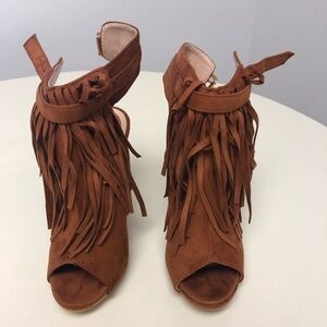 Y2K Fringe Suede Peep-Toe Heels Sz 6